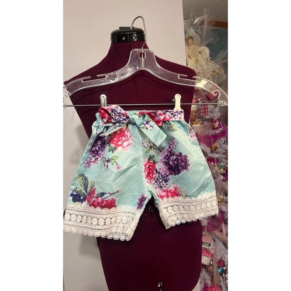 Unbranded Floral Lace Trim Shorts Kids S Mint Blue Good Satin Finish Bow